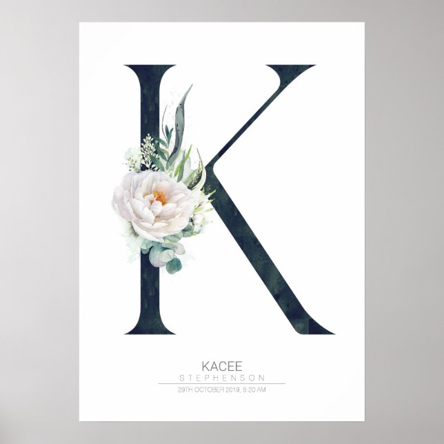Poster Monograma de letra K com flores brancas e folhagen (Frente)