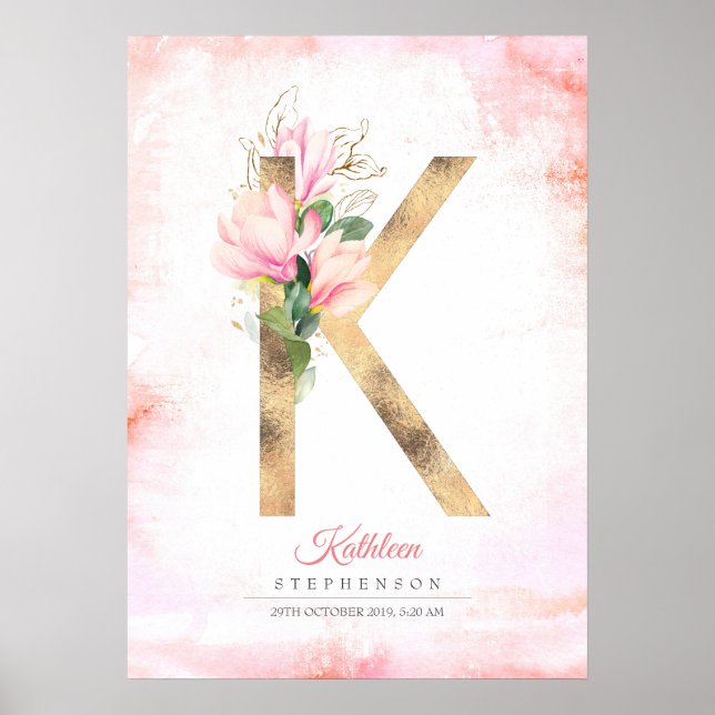 Poster Monograma de letra K dourado com folhas de magnóli (Frente)