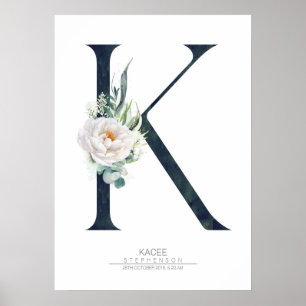 Poster Monograma de letra K flores brancas e folhagens