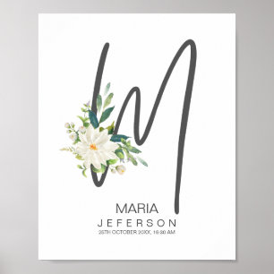 Poster Monograma de Letra M Decoração Floral Rosa