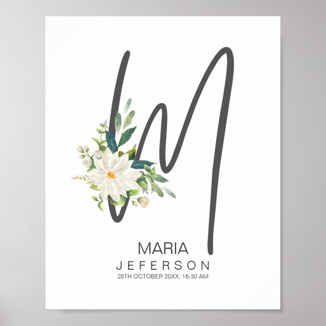 Poster Monograma de Letra M Decoração Floral Rosa (Frente)