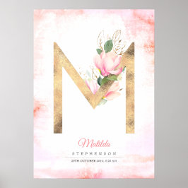 Poster Monograma de letra M dourada flores de magnólia ro