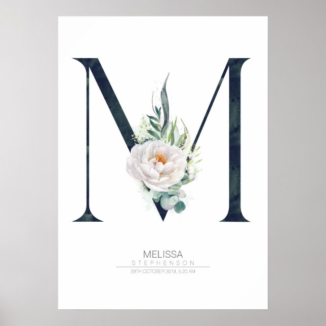 Poster Monograma de letra M flores brancas e folhagens (Frente)
