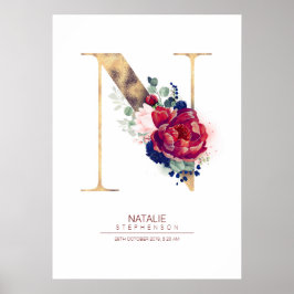 Poster Monograma de letra N floral azul marinho e burgund