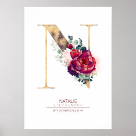 Poster Monograma de letra N floral burgundy vermelho e do