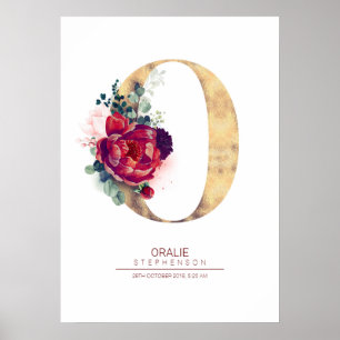 Poster Monograma de letra O floral burgundy vermelho e do