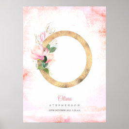 Poster Monograma de Letra O Folhas Douradas Floral Magnól