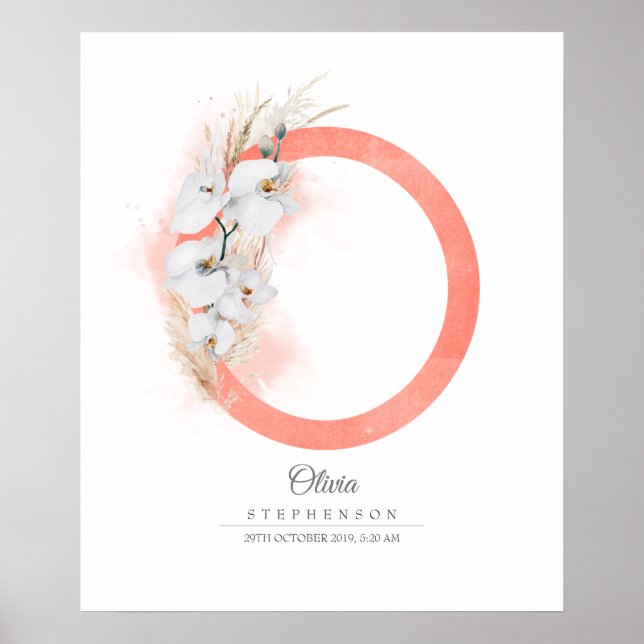 Poster Monograma de Letra O Orquídeas Brancas e Grama Pam (Frente)