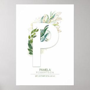 Poster Monograma de Letra P Dourado Folhagem Chic