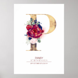 Poster Monograma de Letra P Floral Azul Marinho e Borgonh