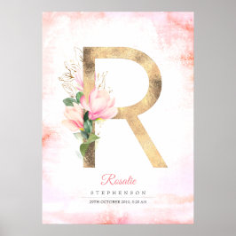 Poster Monograma de Letra R Dourado Folhas Magnólia Rosa 