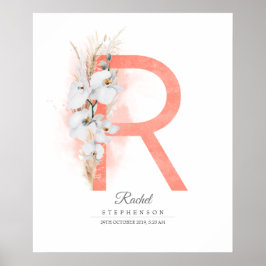 Poster Monograma de Letra R Orquídeas Brancas e Grama Pam