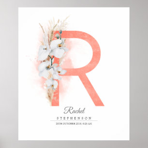 Poster Monograma de Letra R Orquídeas Brancas e Grama Pam