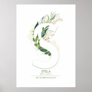 Poster Monograma de Letra S Dourado Folhagem Chic