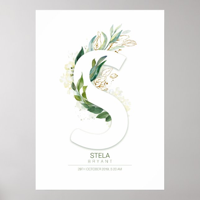 Poster Monograma de letra S dourado Foliagem Chic (Frente)