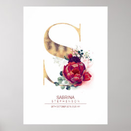 Poster Monograma de Letra S Floral Burgundy Vermelho e Do