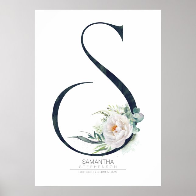 Poster Monograma de Letra S Flores Brancas e Folhagem (Frente)