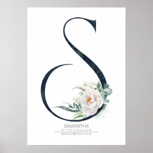 Poster Monograma de letra S Flores Brancas e Verdura