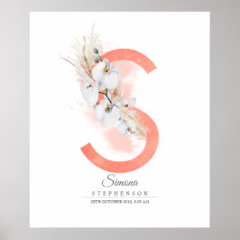 Poster Monograma de Letra S Orquídeas Brancas e Grama Pam