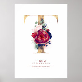 Poster Monograma de Letra T Floral Azul Marinho e Borgonh
