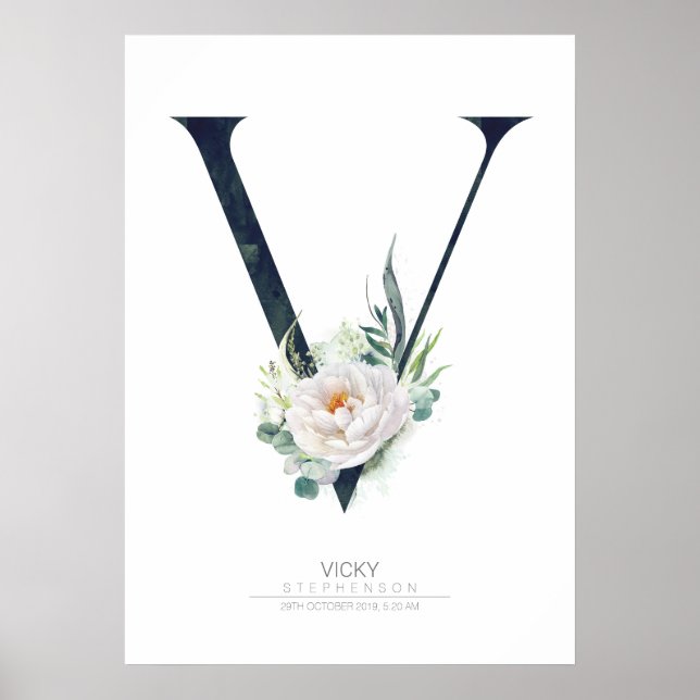 Poster Monograma de Letra V Flores Brancas e Folhagens (Frente)