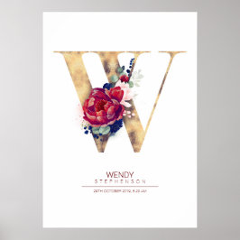 Poster Monograma de Letra W Floral Azul Marinho e Borgonh