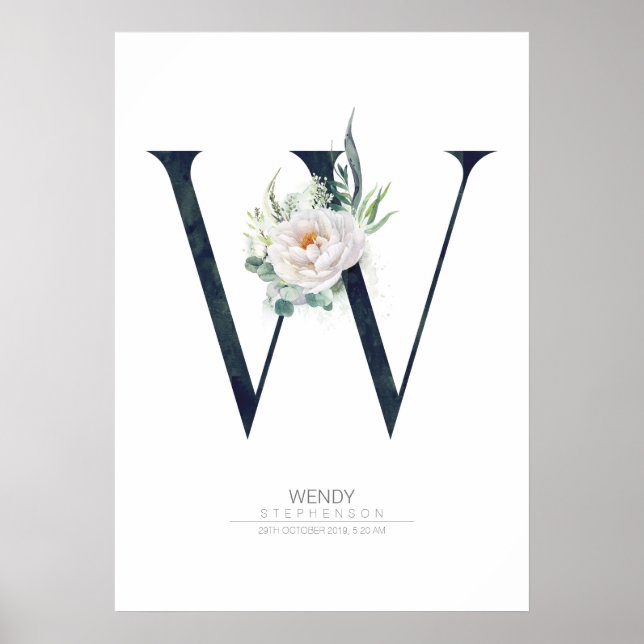 Poster Monograma de Letra W Flores Brancas e Folhagens (Frente)