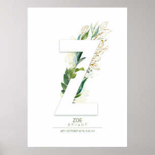 Poster Monograma de letra Z dourado folhagem sonhadora