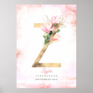 Poster Monograma de letra Z dourado folhas magnólia rosa 