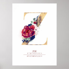 Poster Monograma de Letra Z Floral Azul Marinho e Borgonh