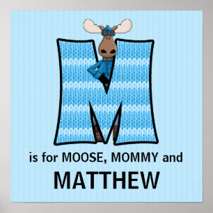 Póster Monograma de Moose Azul Letra M Quarto de Bebê