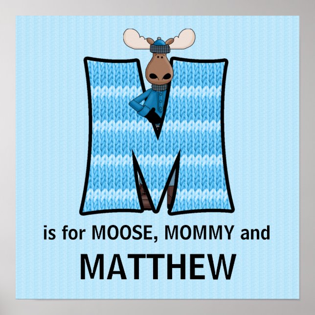 Póster Monograma de Moose Azul Letra M Quarto de Bebê (Frente)