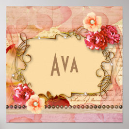 Póster Monograma de Nome Personalizado Girassol Floral Ro