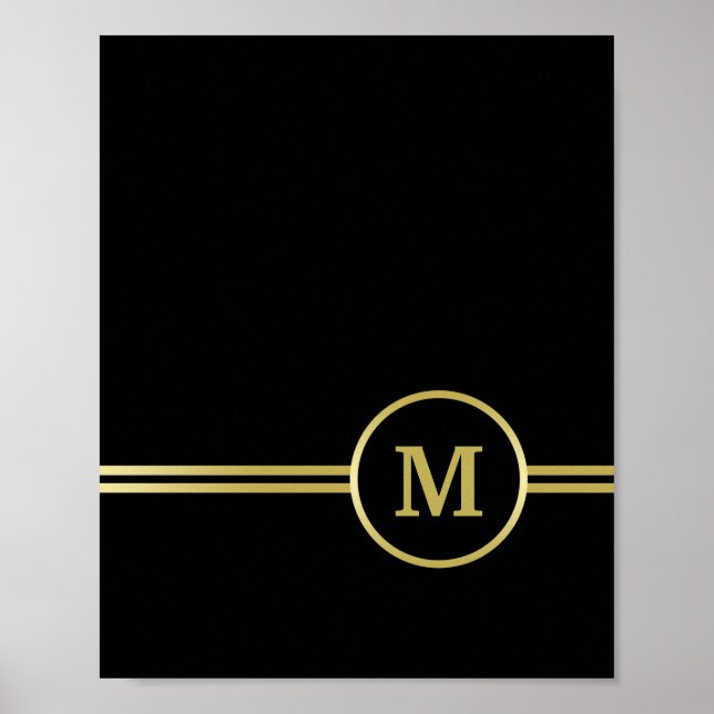 Poster Monograma de ouro elegante a preto (Frente)