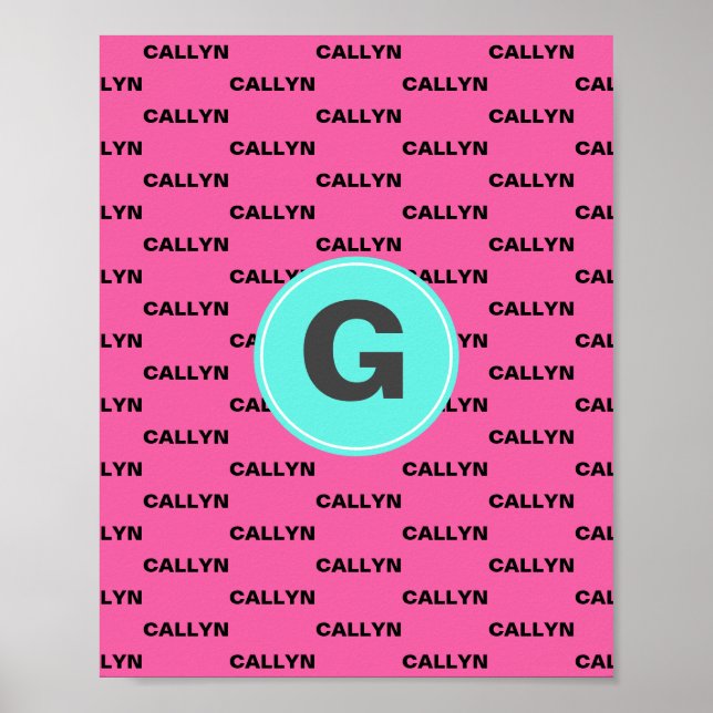 Poster Monograma de padrão de nome rosa quente (Frente)