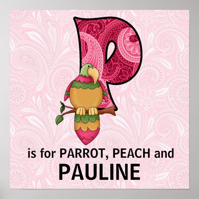 Poster Monograma de Papagaio Rosa Grande Letra P Quarto d (Frente)