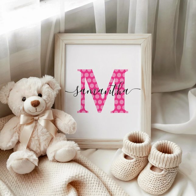 Poster Monograma de Pontos Pink Feminino (Girly Pink Polka Dot Monogram Poster)