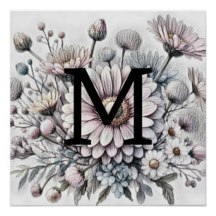 Póster Monograma desenho floral cor-de-rosa gerbera daisi