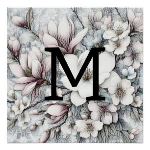 Póster Monograma desenho floral flores de magnólias cor-d