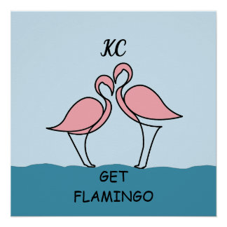 Póster Monograma - Dois Flamingos Rosa com Ponta de Água