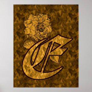 Poster Monograma Elegante Inicial E Flor de Peônia Dourad