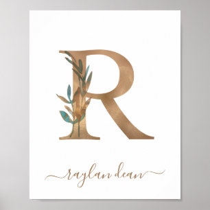 Poster Monograma Floral Aquarela Dourada Letra R