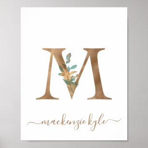 Poster Monograma Floral Aquarela Letra M Dourada