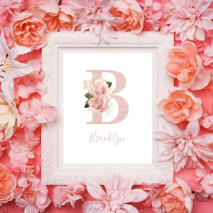 Poster Monograma Floral Brilhante Rosa Dourado Feminino B