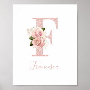 Poster Monograma Floral Brilhante Rosa Dourado Feminino F