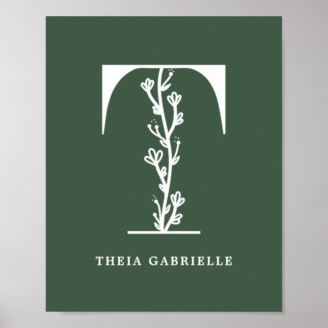 Poster Monograma Floral de Cor Personalizada - Letra T Na (Frente)