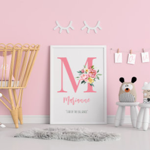 Póster Monograma Floral Rosa Elegante Personalizável Inic