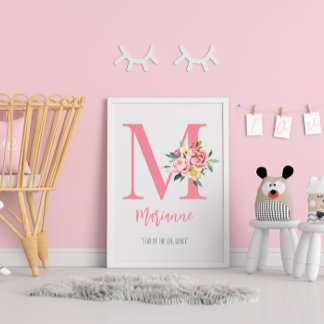 Póster Monograma Floral Rosa Elegante Personalizável Inic