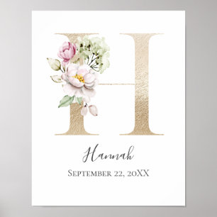 Poster Monograma H Rosa Floral Branco Letra Dourada Berçá