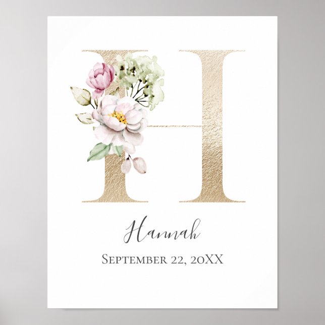 Poster Monograma H Rosa Floral Branco Letra Dourada Berçá (Frente)